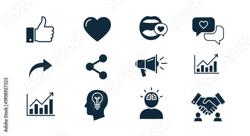 A collection of dark blue social media icons depicting likes hearts shares and business concepts high quality professional detailed