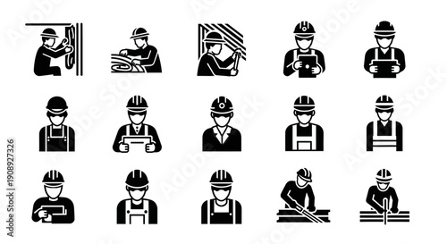 Construction and Tradesmen Worker Icons Set. Builders, Repairmen, and Foreman Avatars. Glyph Vector Collection of Labor and Skilled Professions.