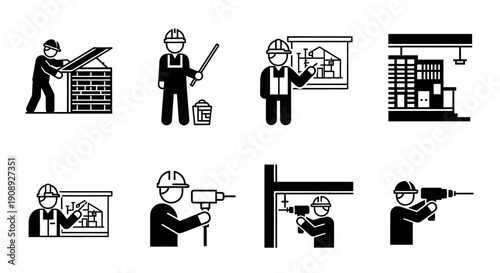 Construction Worker and Building Process Vector Icons Set. Laborer, Engineer, Architect, and Driller Pictograms for Web and Infographics.