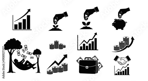 A collection of black silhouette icons representing financial growth investment and economic prosperity concepts high quality professional detailed modern
