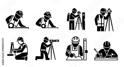 Construction Worker and Surveyor Icon Set. Engineering, Drafting, and Measuring Pictograms showing Hard Hat Professionals with Theodolite, Level, and Blueprint.