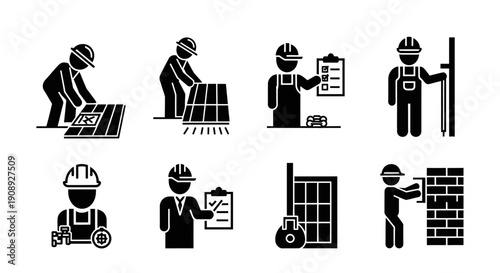 Construction Worker Icons Set. Building, Renovation, and Engineering Glyphs: Mason, Plumber, Floor Installer, Roofer, and Site Inspector Silhouettes.