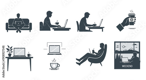 A collection of minimalistic icons depicts remote work leisure and modern office environments in grayscale high quality professional detailed