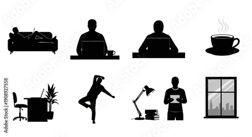 A collection of simple black silhouette icons depicting various indoor activities and objects high quality professional detailed modern elegant