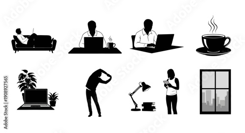 A collection of black silhouette icons depicting remote work relaxation and common household objects high quality professional detailed modern