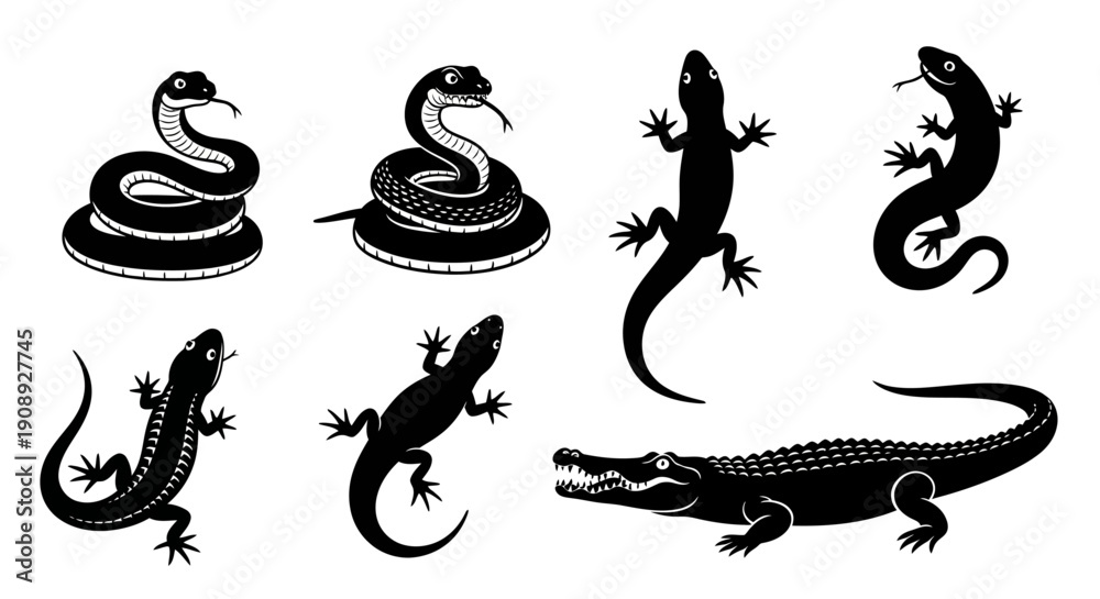 Fototapeta premium A collection of stylized black silhouettes depicting snakes lizards a gecko and an alligator high quality professional detailed modern