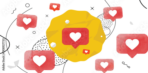Social media interaction illustration with likes and hearts on digital icons and symbols surrounding a central notification bubble