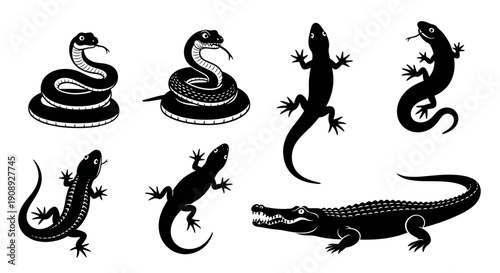 A collection of stylized black silhouettes depicting snakes lizards a gecko and an alligator high quality professional detailed modern