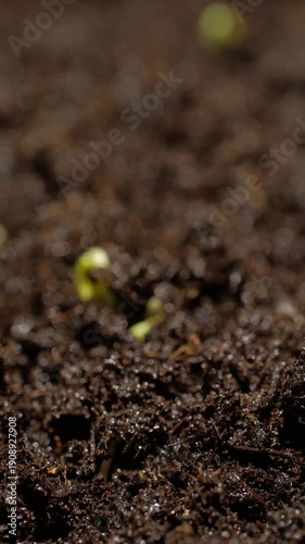 Close-up time-lapse of small plant sprouting from seed in soil, showing early growth stages.