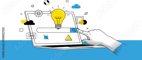 A hand emerging from a device, surrounded by creative symbols and a lightbulb, illustrating innovation and technology concepts from a top-down viewpoint