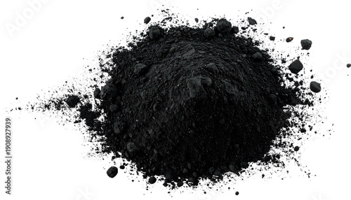 A pile of fine, dark gray powder with small granules, against a pure black background