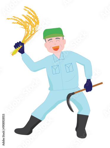 麦の収穫を手作業で仕事をしている農家。