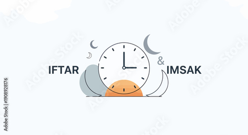 Modern Ramadan — Clean, Global, Commercial Lifestyle illustration representing Iftar and Imsak times, a minimalist clock with moon and sunrise detailing the daily fasting schedule