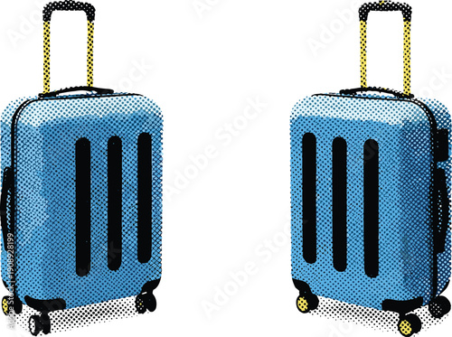 Two blue suitcases with black accents standing side by side on wheels with handles ready for travel