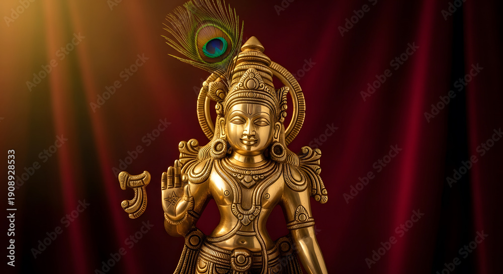 Fototapeta premium Golden idol of Lord Krishna with peacock feather in blessing pos
