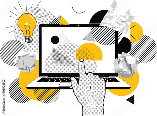 A hand interacts with a laptop screen surrounded by creative elements and abstract shapes