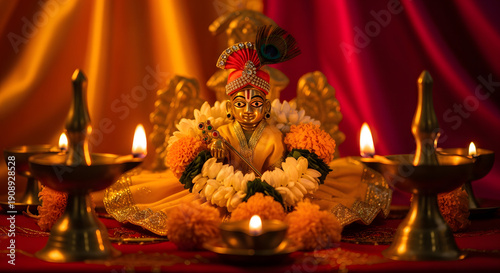 Golden idol of Lord Krishna adorned with flowers and peacock fea