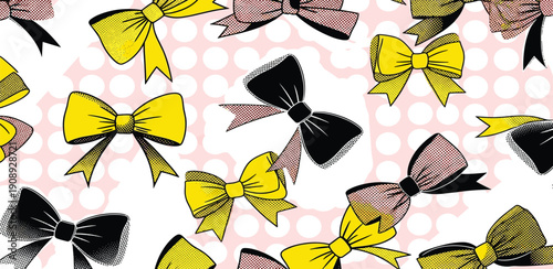 Colorful bows pattern on a pink polka dot background viewed from directly above