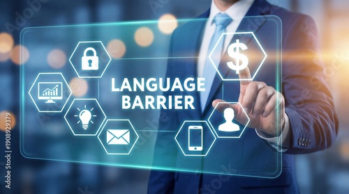 A businessman in a suit interacting with a digital language barrier interface with various icons