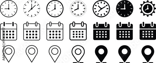 Minimalist vector illustration set of clock, calendar, and location pin icons, outlined to solid styles, modern user interface design elements, collection