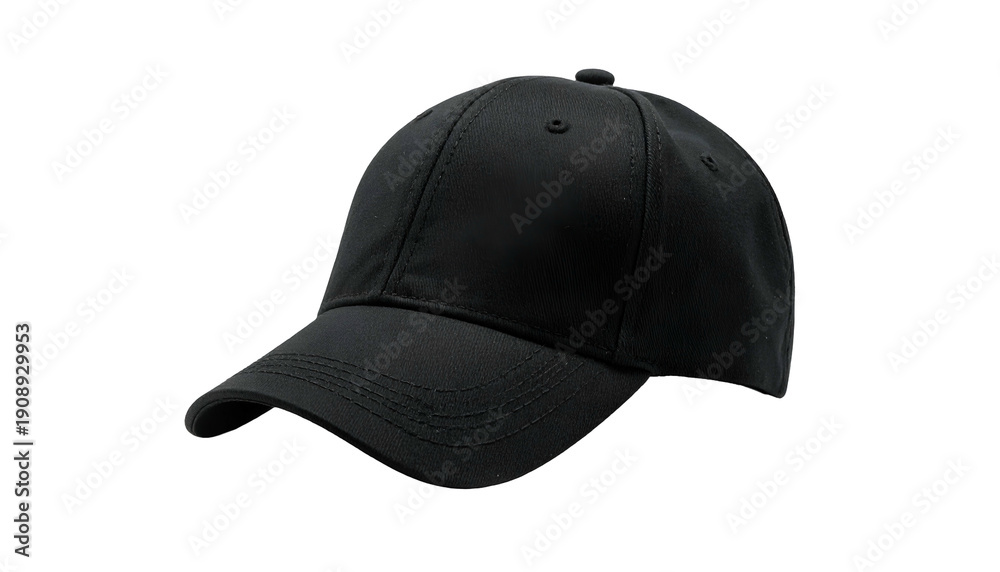 Fototapeta premium Solid black baseball cap, slightly angled, on a dark background. Front view shows details