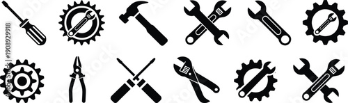 Hand tools icon set, vector illustration, screwdriver, wrench, hammer, pliers, gear symbols, repair, maintenance, engineering, mechanical design, industrial, workshop, construction art