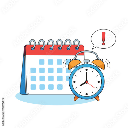 Blue Calendar and Ringing Alarm Clock Symbolizing Time Management and Deadline Concept Isolated Vector Illustration