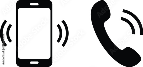 Smartphone ringing icon, telephone handset ringing symbol, vector communication design, black silhouette technology illustration, incoming call alert, modern and traditional phone graphic art
