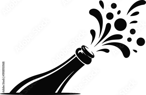Stylized vector illustration of champagne or soda bottle silhouette, liquid spray explosion with bubbles and droplets, dynamic celebration beverage design element