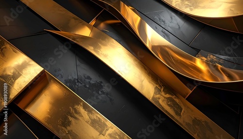 Abstract modern art featuring flowing gold ribbons against a dark, textured background