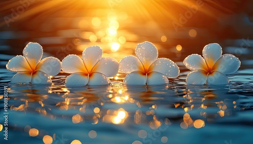 Four plumeria flowers float on the water at sunset, small water drops on petals. Beautiful backdrop for a spa, resort, or tropical-themed design.