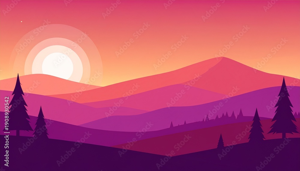 Fototapeta premium Vibrant Sunset over Purple Mountains Landscape with Silhouetted Trees
