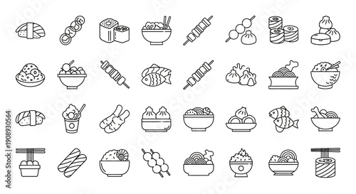 Collection of assorted food illustrations displayed on a clean white background from a straightforward viewpoint