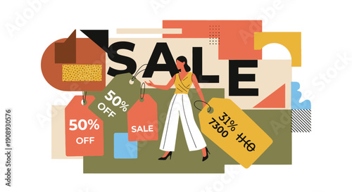 Vibrant sale advertisement featuring a young woman surrounded by colorful discount tags and geometric shapes