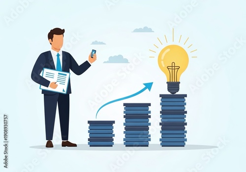 Businessman standing next to growing stacks of books with a lightbulb on top representing ideas and innovation