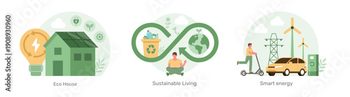 Sustainable home and smart green energy icons concept. Sustainable living and smart energy infographics set. Eco house concept. Vector illustration. 