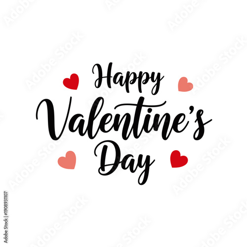 Black script text 'Happy Valentine's Day' with red and pink hearts on a white background, celebrating love and romance.