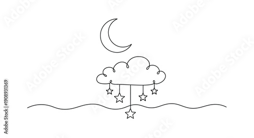 Moon and stars hanging from a cloud, sweet dreams illustration, line art
