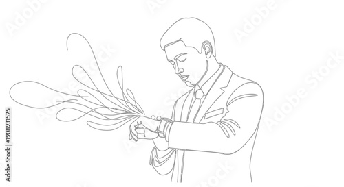 Line art of a businessman checking his watch with abstract splashes
