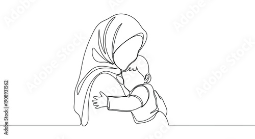 Line art of a mother in hijab hugging her child