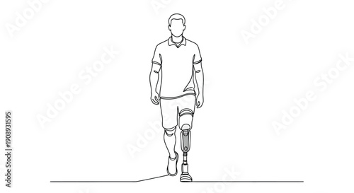Man with prosthetic leg walking forward, line drawing