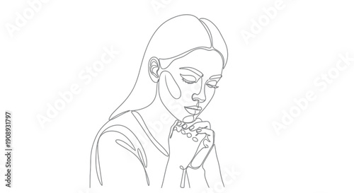 Woman praying with clasped hands, a single continuous line drawing.
