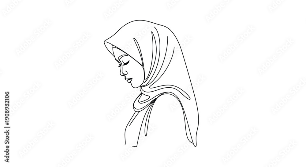 Fototapeta premium Woman in Hijab Minimalist Line Drawing Portrait