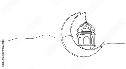 Ramadan lantern and crescent moon in single line art