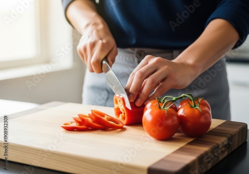 Person cutting red bell pepper on wooden cutting board in kitchen