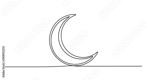 Crescent moon in continuous line art on white background