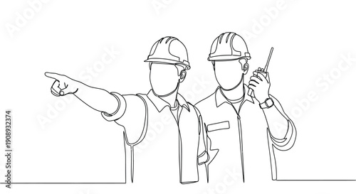 Two Construction Workers with Hard Hats and Radio