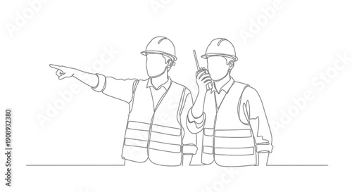 Two Construction Workers, One Pointing, One with Radio