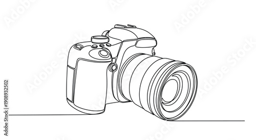 DSLR Camera with Lens, Minimalist Single Line Drawing