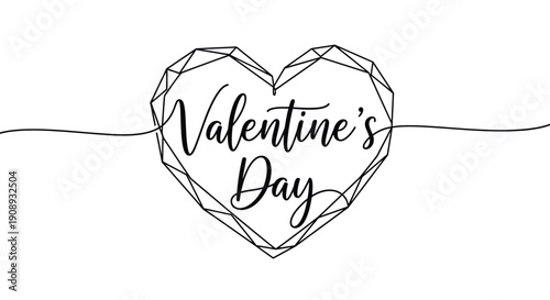 Geometric Heart with Valentine's Day Text, Line Art